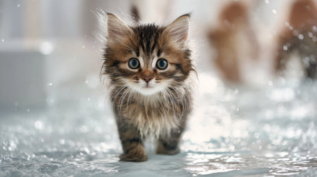 A charming fluffy kitten with striking blue eyes plays in a splash of water, showcasing adorable innocence and curiosity. Perfect for capturing the joy of pets.の素材