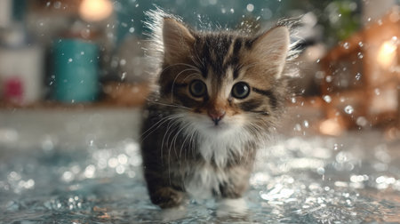A playful fluffy kitten explores a wet surface, surrounded by soft splashes of water. This image captures the joyful essence of pet playfulness in a bright home.の素材