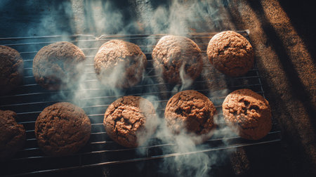 Delight in the warm and inviting scene of freshly baked cookies resting on a cooling rack, with soft steam rising from these delicious homemade treats.の素材