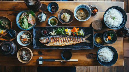 A beautifully arranged grilled fish dish surrounded by a variety of side dishes, showcasing an exquisite Japanese dining experience on a wooden table.の素材