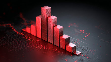This striking 3D illustration shows a red bar graph on a black background, representing digital analytics and market trends, perfect for business and technology themes.の素材