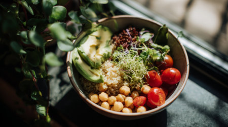 A vibrant and nutritious vegan salad bowl featuring quinoa, ripe cherry tomatoes, creamy avocado, and fresh greens, illuminated by soft sunlight. Perfect for any meal.の素材