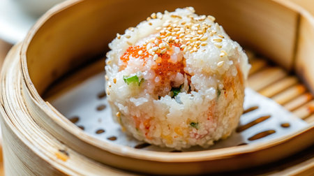 A delicious sushi ball garnished with sesame seeds, beautifully presented in a bamboo steamer. Perfect for showcasing Japanese culinary artistry.の素材