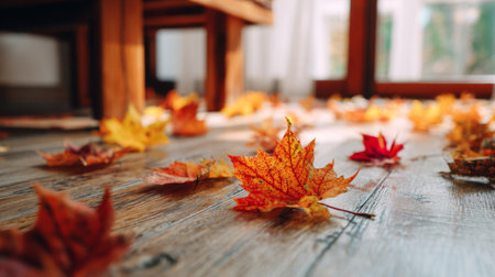 A captivating scene featuring colorful autumn leaves scattered on a wooden floor, illuminated by warm natural light, creating a cozy and inviting atmosphere in a home setting.の素材