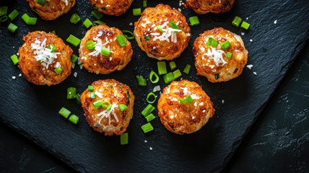 Enjoy a close-up view of delicious savory meatballs garnished with green onions and cheese, served on a sleek black slate board, perfect for any occasion.の素材