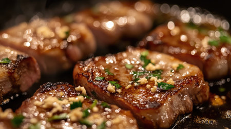 Juicy meat grilled to perfection, garnished with aromatic herbs and garlic. A close-up view that highlights the sizzling texture and rich flavors.の素材