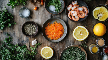 Explore a vibrant assortment of fresh ingredients including seafood, herbs, and citrus fruits on a wooden surface, perfect for culinary inspiration and meal preparation.の素材