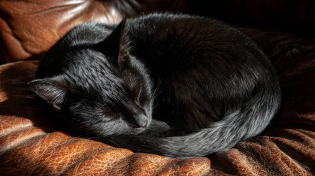 A serene black cat curled up and sleeping on a soft brown leather sofa, illuminated by gentle sunlight. The warm tones create a cozy and inviting atmosphere.の素材