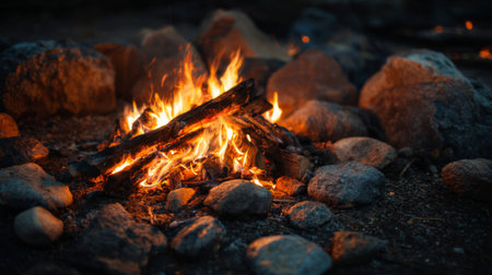 A warm campfire crackles brightly among rocks at night, creating a tranquil atmosphere in nature. The flames dance, offering light and warmth for an outdoor experience.の素材