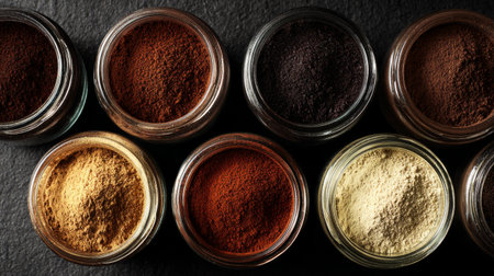 A captivating display of assorted spices in clear glass jars on a dark surface, highlighting their rich colors and textures, perfect for culinary inspiration and food photography.の素材