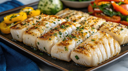 This image features beautifully grilled fish filets served with vibrant vegetables. Perfect for showcasing healthy meals and culinary delights.の素材