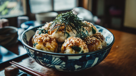 A beautifully arranged bowl of savory Japanese dumplings garnished with sesame and seaweed, perfect for showcasing delicious home-cooked meals or culinary traditions.の素材