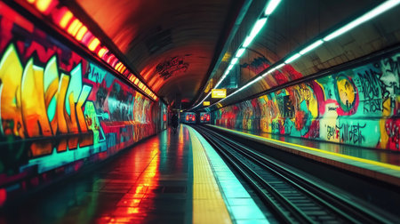 This vibrant subway tunnel showcases an array of colorful graffiti art, illuminated by bright lights, creating a dynamic urban atmosphere perfect for visual exploration.の素材