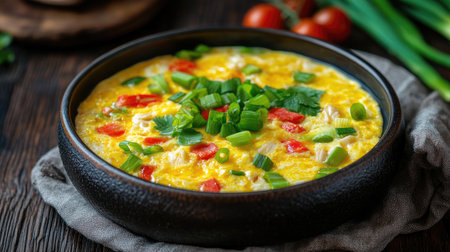 A vibrant omelet topped with fresh vegetables like green onions and tomatoes, served in a rustic bowl, perfect for breakfast or brunch.の素材