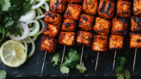 Savory grilled skewers featuring perfectly cooked cubes of chicken, vibrant vegetables, and fresh herbs, ideal for outdoor gatherings and culinary events.の素材