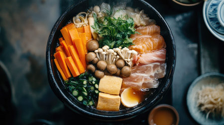 A vibrant assortment of fresh ingredients for a Japanese hot pot, showcasing colorful vegetables, seafood, and meat, perfect for a cozy meal with loved ones.の素材