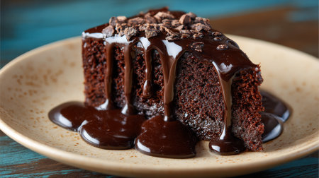 A delicious slice of chocolate cake features a glossy chocolate drizzle and is garnished with chopped chocolate, served on a rustic plate for an enticing dessert experience.の素材