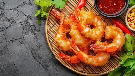 Enjoy a plate of crispy fried shrimp garnished with fresh vegetables and spicy sauces, perfect for any seafood lover's meal or gathering.の素材