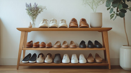 A stylish arrangement of various shoes displayed on a wooden rack, enhancing interior aesthetics with plants and a cozy atmosphere. Ideal for fashion and home decor inspiration.の素材