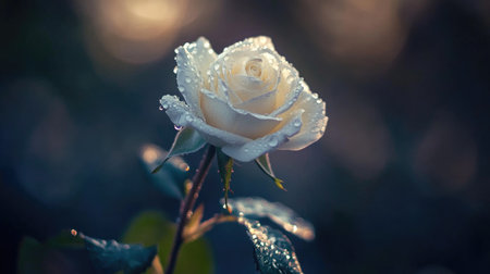 A stunning close-up of a white rose adorned with glistening dew drops, captured in soft light, showcasing nature's beauty and tranquility. Ideal for floral themes.の素材