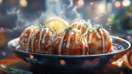 Indulge in the delightful taste of takoyaki, a popular Japanese snack featuring savory balls topped with sauce, mayonnaise, and fresh herbs. Perfect for food lovers!の素材