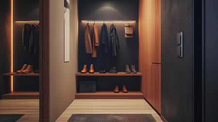 A chic modern entryway showcasing stylish clothing and footwear. The minimalist design features wooden accents and warm lighting, creating an inviting atmosphere.の素材