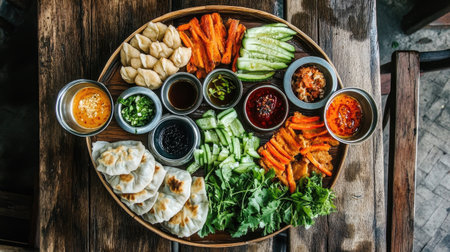A vibrant Asian food platter featuring fresh vegetables, dumplings, and a variety of colorful dips. Perfect for sharing and enjoying delicious flavors.の素材