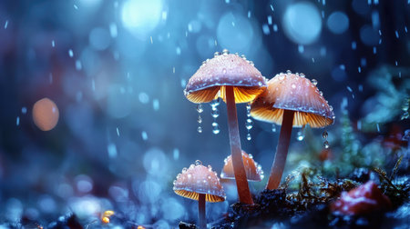 Discover the serene beauty of mushrooms glistening with droplets in a tranquil forest setting, illuminated by soft light amidst gentle rainfall.の素材