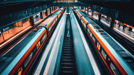 A captivating aerial view of a modern urban train station showcasing sleek trains on parallel tracks. The image highlights the dynamic movement of urban transport.の素材