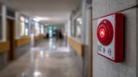 A close-up view of an emergency alarm button glowing red in a corridor, highlighting its role in ensuring safety and signaling alerts within public facilities.の素材