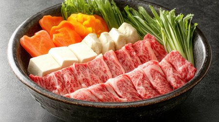 A beautifully arranged bowl featuring fresh ingredients for a hot pot dish, showcasing vibrant vegetables, marbled meat, and tofu, perfect for gatherings.の素材