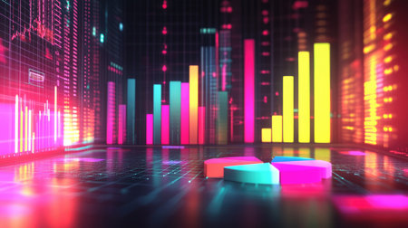 This vibrant data visualization showcases dynamic graphs and charts in a digital space, emphasizing analytics and trends for business insights.の素材