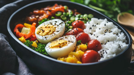 A vibrant and colorful meal featuring rice, fresh vegetables, hard-boiled eggs, and tomatoes. Perfect for healthy eating or meal prep.の素材