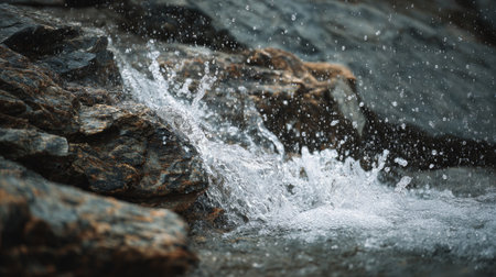 Captured in a peaceful setting, this image showcases water splashing against rocky terrain, highlighting the beauty and tranquility of nature's dynamic elements.の素材