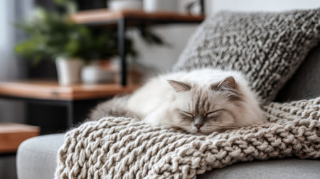 A serene scene featuring a fluffy cat napping on a chunky knit blanket in a stylish living room, surrounded by greenery and modern decor, perfect for animal lovers.の素材