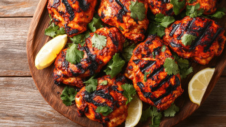 A mouthwatering display of grilled chicken thighs garnished with fresh herbs and lemon slices, perfect for summer gatherings or outdoor dining.の素材