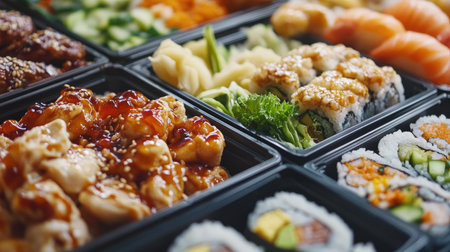 A vibrant display of assorted Japanese dishes featuring sushi rolls, seafood, and vegetables, perfect for a culinary showcase or food-related project.の素材