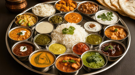 A vibrant Indian thali featuring an array of dishes including rice, various curries, and herbs. Perfect for showcasing cultural cuisine and flavors.の素材
