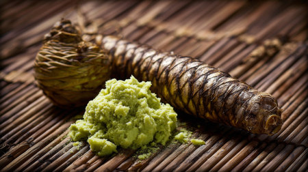 Explore the vibrant and aromatic world of wasabi with this fresh root and paste, set against a natural bamboo mat, ideal for food styling and culinary projects.の素材