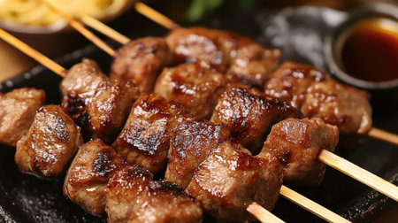 Savor the deliciousness of perfectly grilled meat skewers served on a wooden plate. Ideal for barbecues, parties, and culinary delights, this dish promises rich flavors.の素材