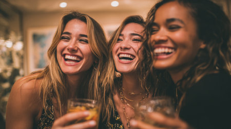 A lively moment featuring three women sharing laughter and drinks in a cozy indoor environment, capturing the essence of friendship and joy during a memorable gathering.の素材
