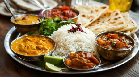 Explore a vibrant Indian cuisine platter featuring rice, assorted curries, and flatbread, perfect for conveying the richness of traditional flavors.の素材