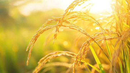 A close-up view of a golden rice field illuminated by warm sunlight, showcasing the beauty of nature and the harvest season. Perfect for agriculture themes.の素材