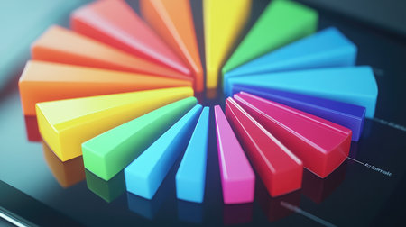 A vibrant arrangement of colorful geometric shapes in a circular pattern. This modern design showcases bright triangles and creates a visually appealing abstract artwork, perfect for creative projects.の素材