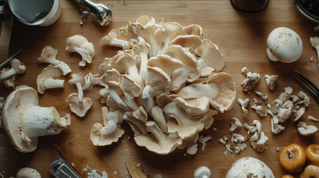 A collection of fresh mushrooms displayed on a wooden table, surrounded by various cooking tools. Ideal for food preparation and culinary themes.の素材