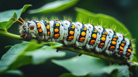 A colorful caterpillar rests on a green leaf, showcasing its vibrant orange and white markings. This close-up captures the beauty of nature's intricate details.の素材