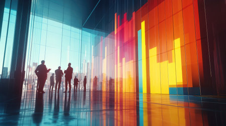 Modern office space featuring vibrant data visualization projections. Silhouettes of professionals engage with colorful analytics, showcasing innovation and teamwork in a dynamic urban environment.の素材