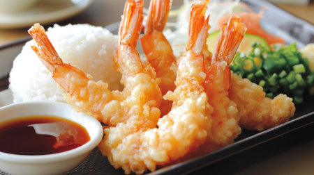 A plate of crispy shrimp tempura served with rice, colorful garnish, and a rich dipping sauce, showcasing the delightful flavors of Asian cuisine.の素材