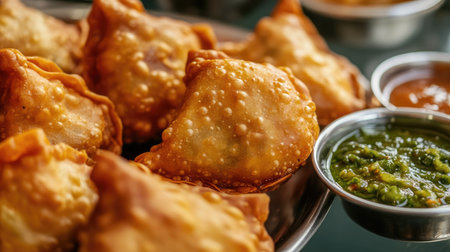 A vibrant platter of crispy samosas served with spicy green and brown sauces. Perfect for appetizers or snacks, ideal for gatherings and celebrations.の素材