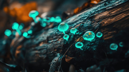 Discover a captivating scene of glowing mushrooms on a log in a serene forest. This enchanting display of nature showcases bioluminescent fungi amidst rich woodland textures.の素材